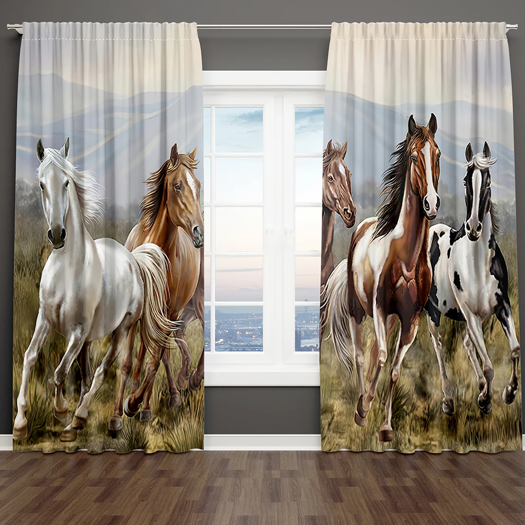 

Mountain Landscape Horses White Black 2 Pieces Thin Shading Curtain Living Room Bedroom Home Decor Hook