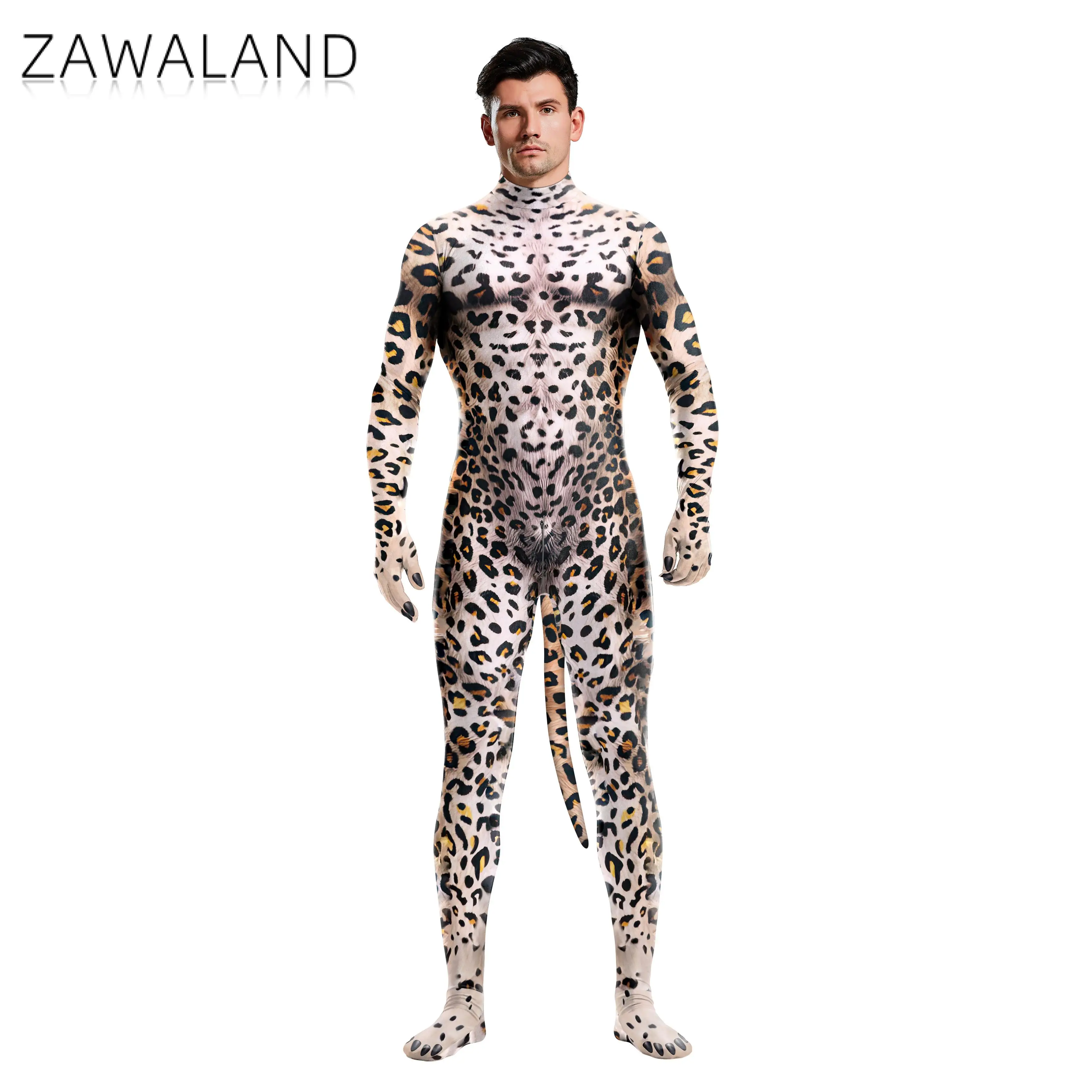 Zawaland Cheetah Cosplay Costume with Tail Halloween Crotch Zipper Jumpsuits Man Woman Leopard Catsuit Animal Zentai Bodysuits