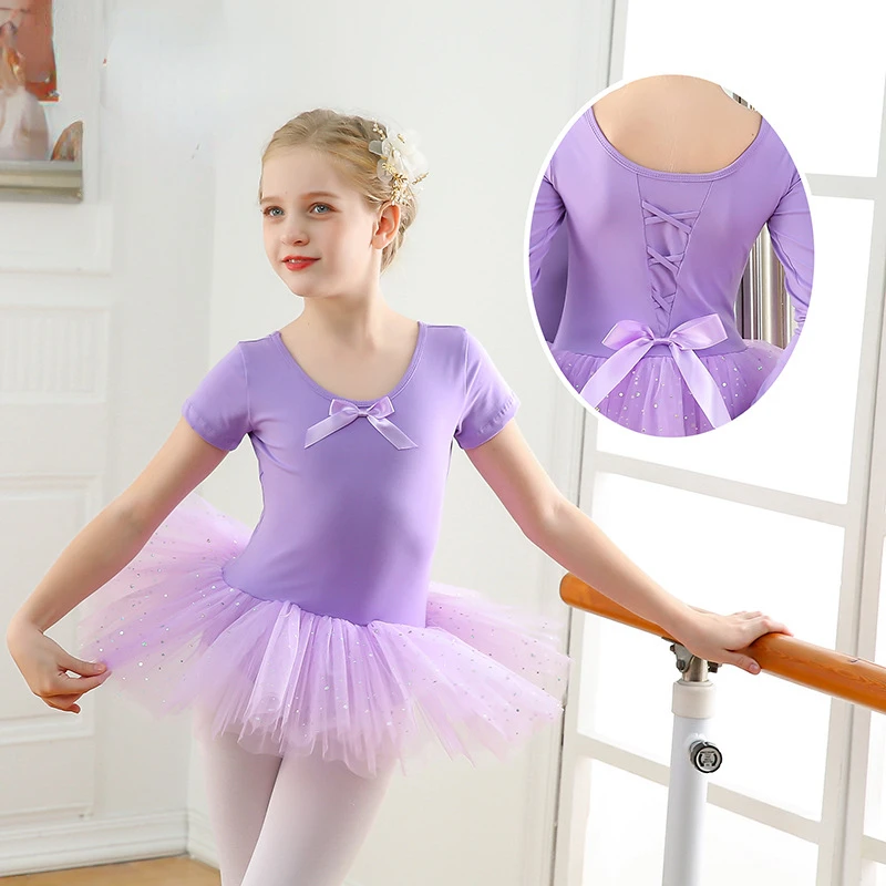 Girls Ballet Dance Tutu Dress Kids Short /Long Sleeves Tulle Bowknot Skate Gymnastics Christmas Birthday Party Leotard Dancewear