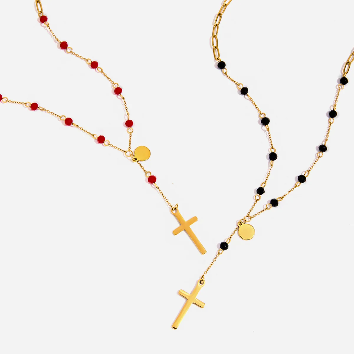 

Gothic Girls 18k Gold Plated Necklace Black Glass Bead Cut Disc & Cross Pendant Gothic retro style Jewelry for Concert Finale