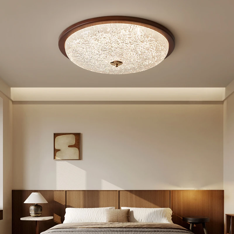 Master Bedroom Ceiling Light Medieval Atmospheric Circular Ceiling Lamp Living Room Light Retro Walnut Wood Grass Home LED Light