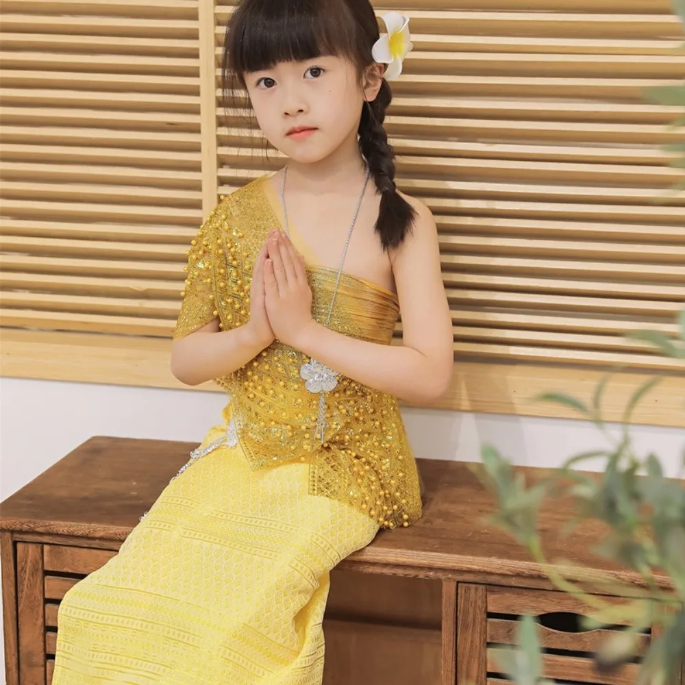 Thailand Style Dai Festival Costume Long Skirt Gilded Yarn Thai Traditional Costume Skirt Waist Chain Thailand Suit Top Skirt