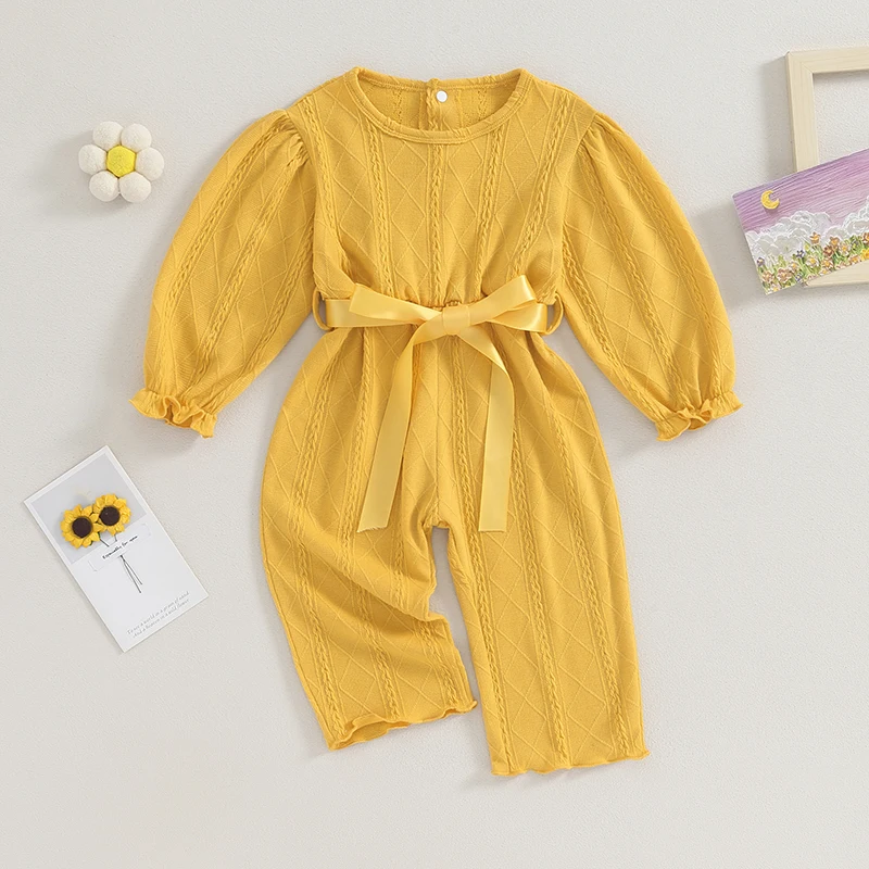 

Baby Girls Rompers Infant Clothes Solid Color Textured Crew Neck Long Sleeve Jumpsuits Fall Bodysuits with Belt