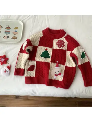 Maglione rosso per bambini con disegno 3D di cartoni animati per Natale, Capodanno e Capodanno, pullover lavorato a maglia per ragazzi e ragazze