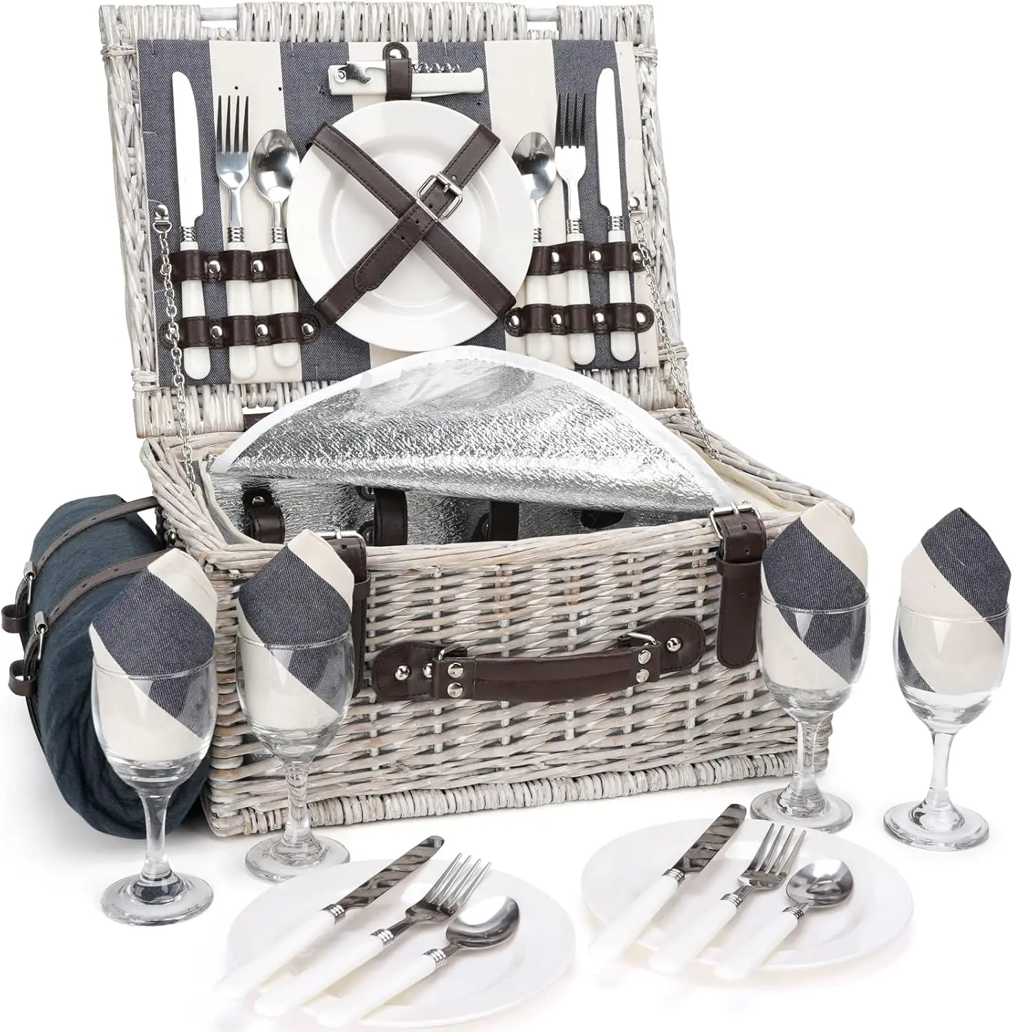 

Picnic Basket Sets for 4 Persons with Insulation Layer,Waterproof Picnic Blanket, Tableware for Family,Party,Outdoor Living,Camp