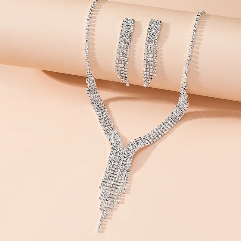 Luxury Geometric Rhinestone Necklace Earrings For Women Long Tassel Jewelry Sets Ladies Weddings Banquet Accessory