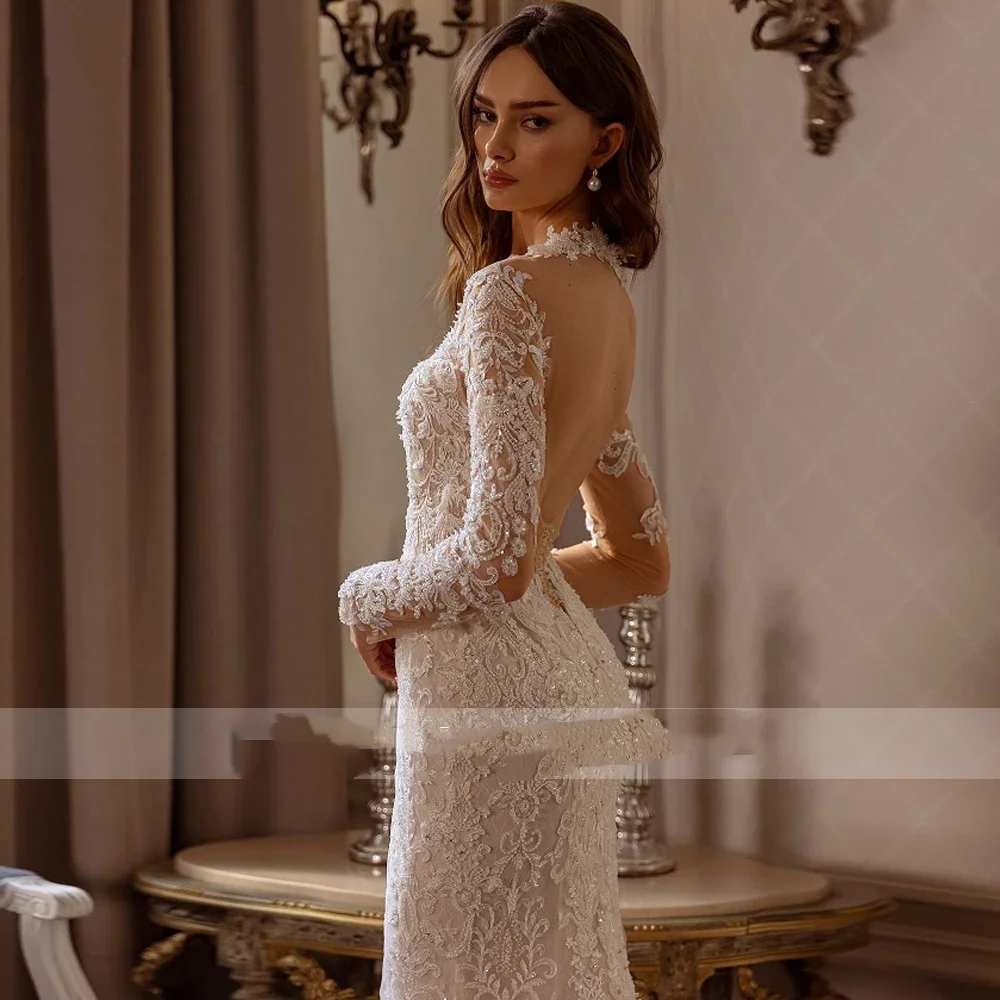 Flavinke Customized Mermaid Wedding Dresses Scalloped Long Sleeve Vestido De Novia Embroidery Detachable Train Made Bridal Gown