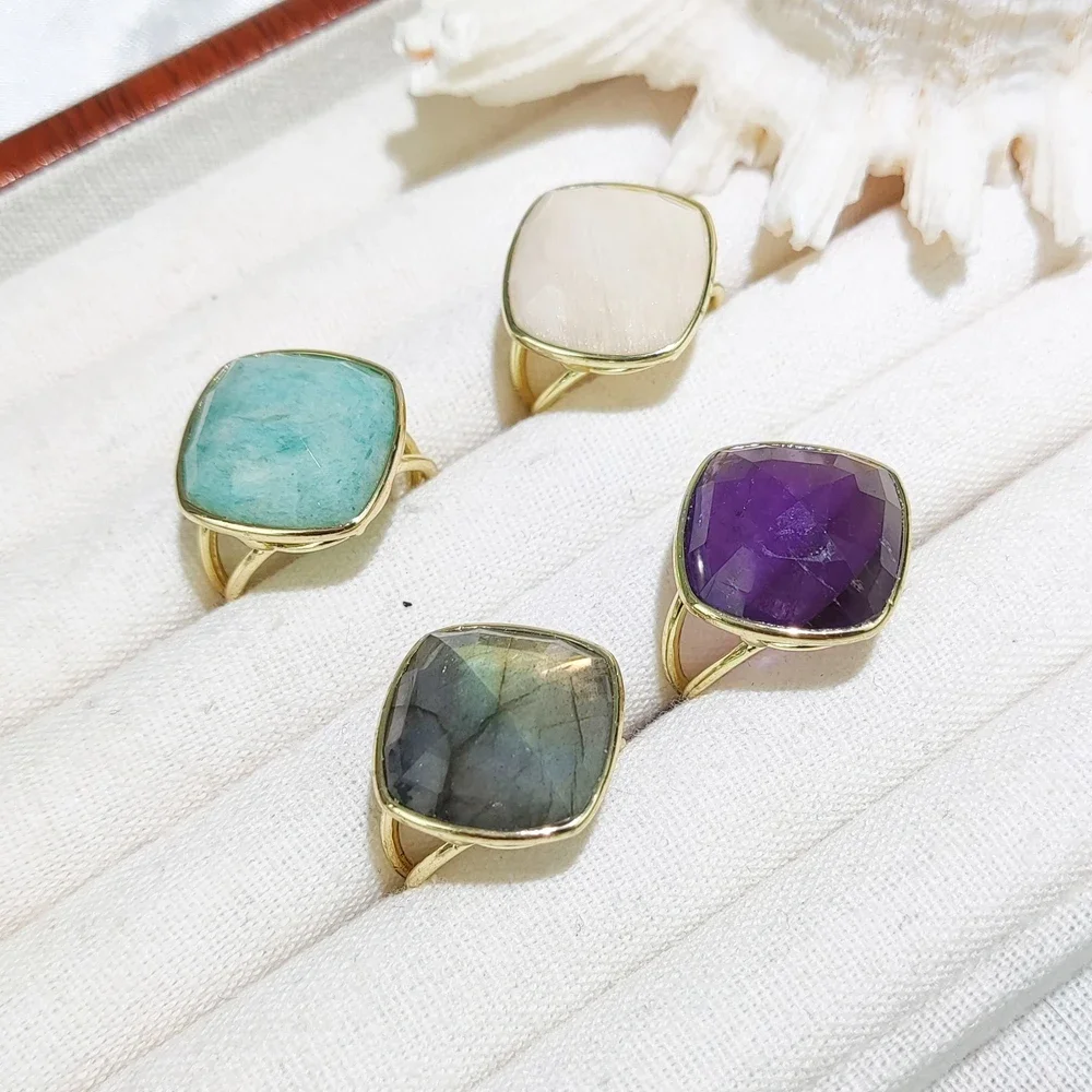 Natural Stone Amazonite Rose Quartz Multifaceted Rhombic Open Adjustable Ring for Lady Women Fashion Jewelry