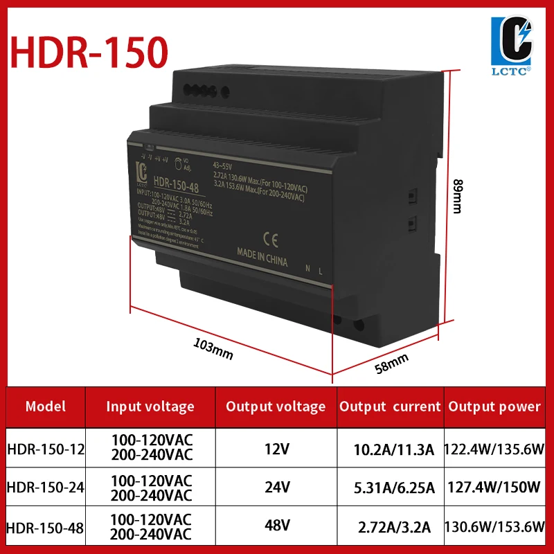 Schaltnetzteil 5 V/12 V/24 V/48 V DIN-Schienen-Netzteil AC zu DC HDR-15/30/60/100/150 W LED-DC-Schaltnetzteil