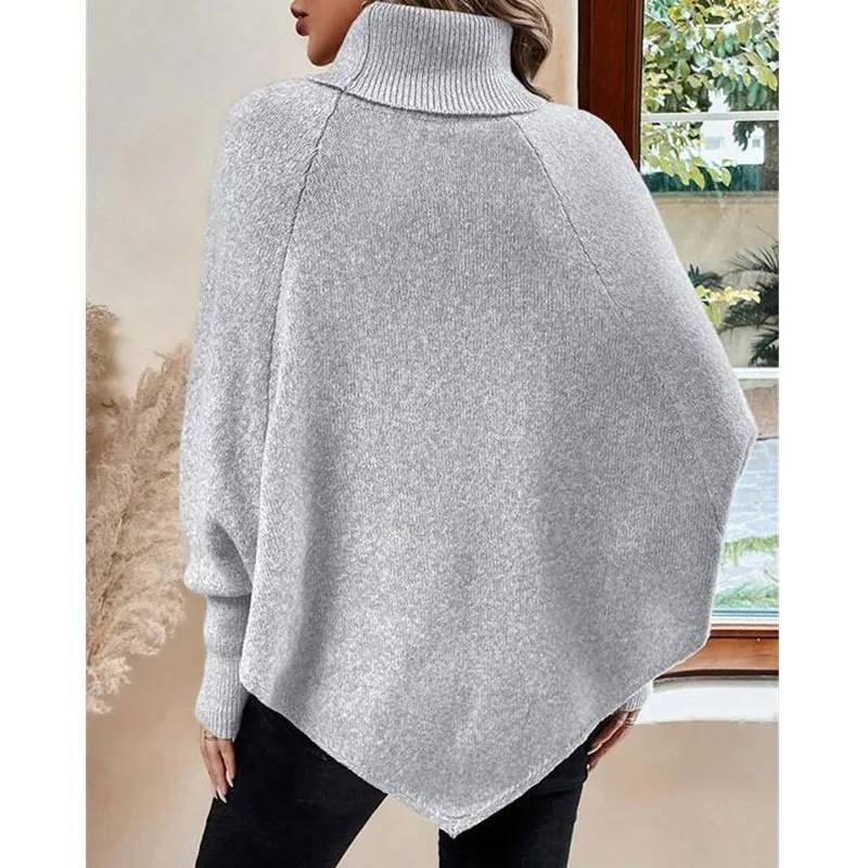Otoño Invierno nuevo suéter Irregular de mujer de punto de moda flor retorcida cuello alto botón manga de murciélago jerseys Top