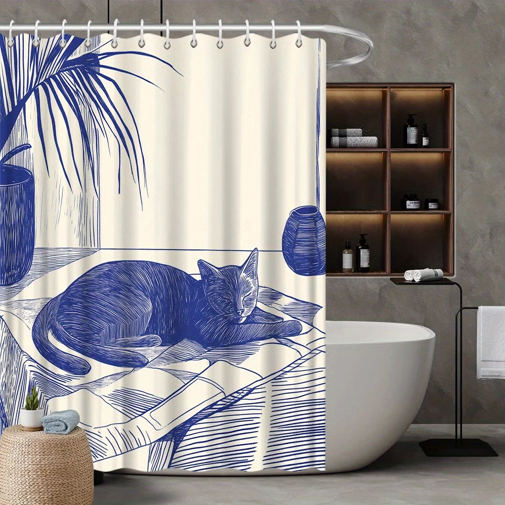 

Cat-Themed Shower Curtain, Monochromatic Blue Line Art of Sleeping Black Cat, Botanical Illustration, Polyester,Bathroom Decor