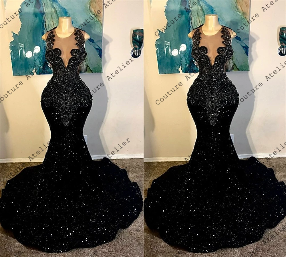 Black Sequin Rhinestones Mermaid Prom Dresses 2024 Black Girls Luxury Beaded Wedding Dress Birthday Party Gown Customized