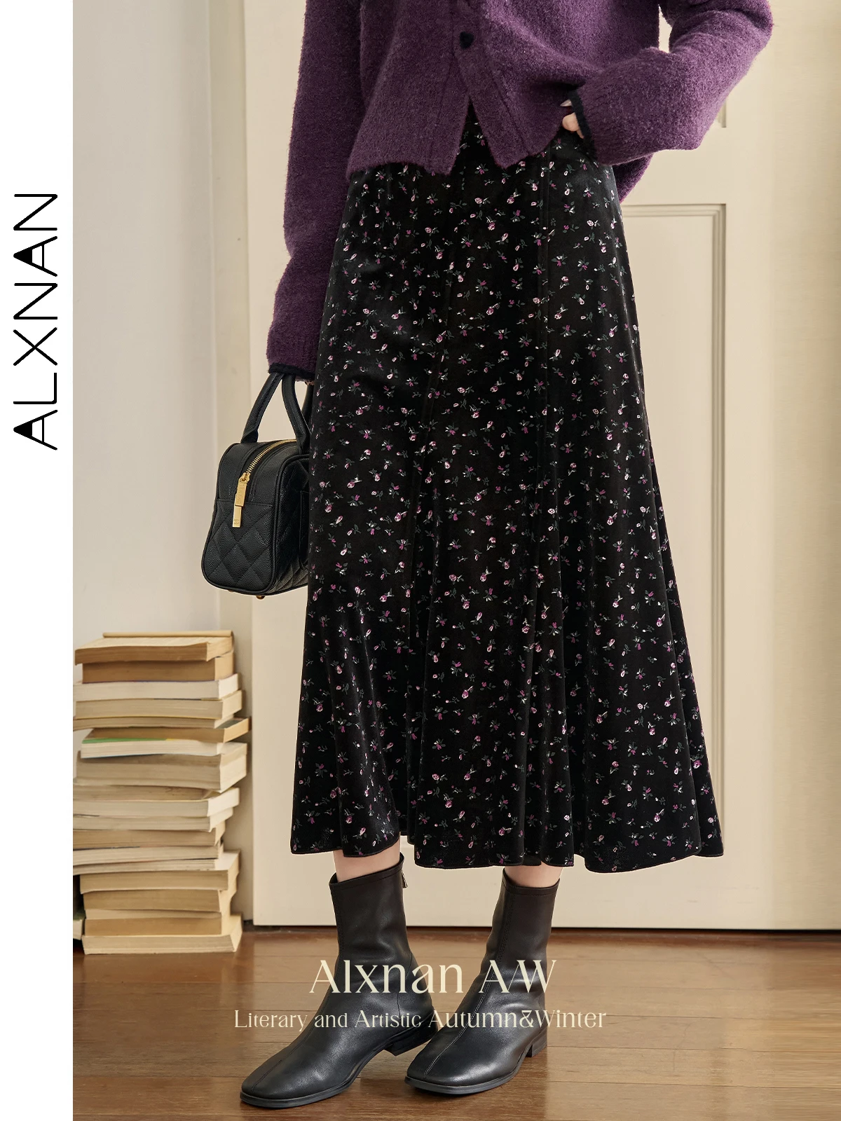 ALXNAN Women's Black Floral Skirts Elegant Basics A-line Half Fishtail Design Loose Hem Autumn Winter Female Midi Skirt L51337