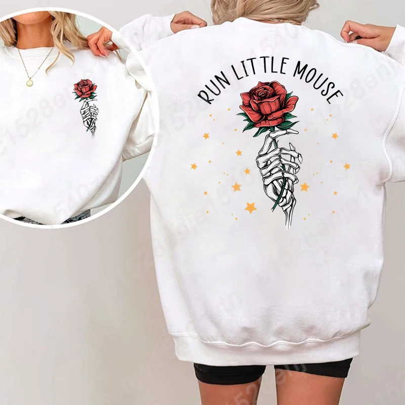 Women's Oversized Sweatshirts, Rose & Skeleton & Run Little Mouse Letter Print Sweatshirts, Long Sleeves Crew Neck Pullovers Top