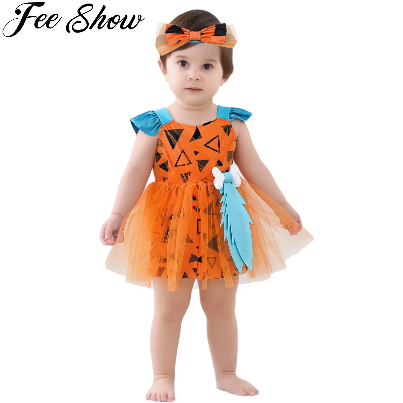 

Baby Girls Caveman Cavegirl Costume Halloween Historical Stone Age Hominid Dress-Up 3D Bone Decor Mesh Mesh Dress with Headband
