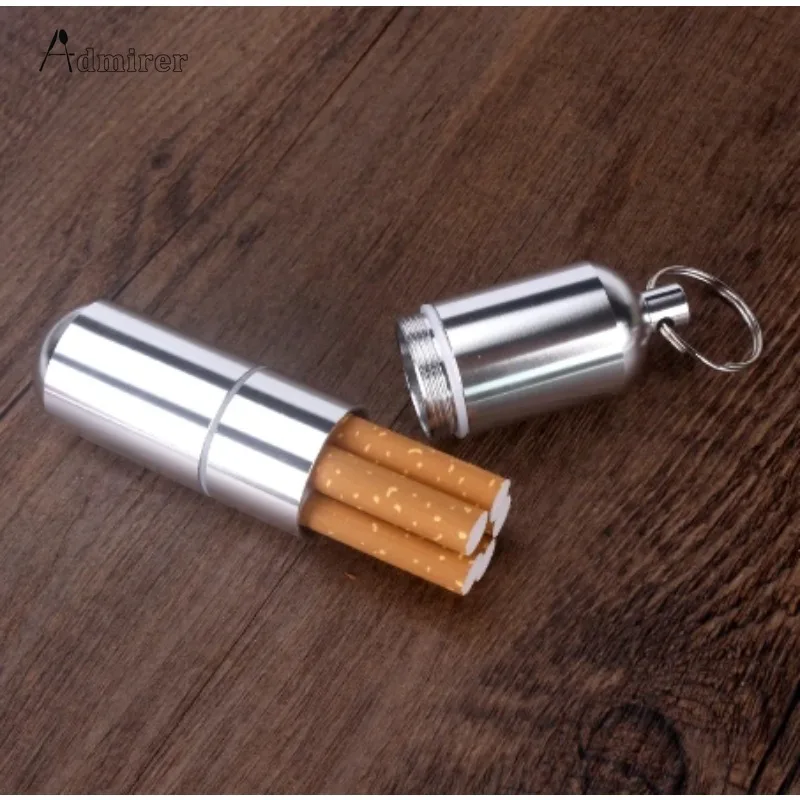 Portable Silver Cigarette Case with Keychain Waterproof Metal Cigarette Box Pill Toothpick Capsule Holder Gift for Mens