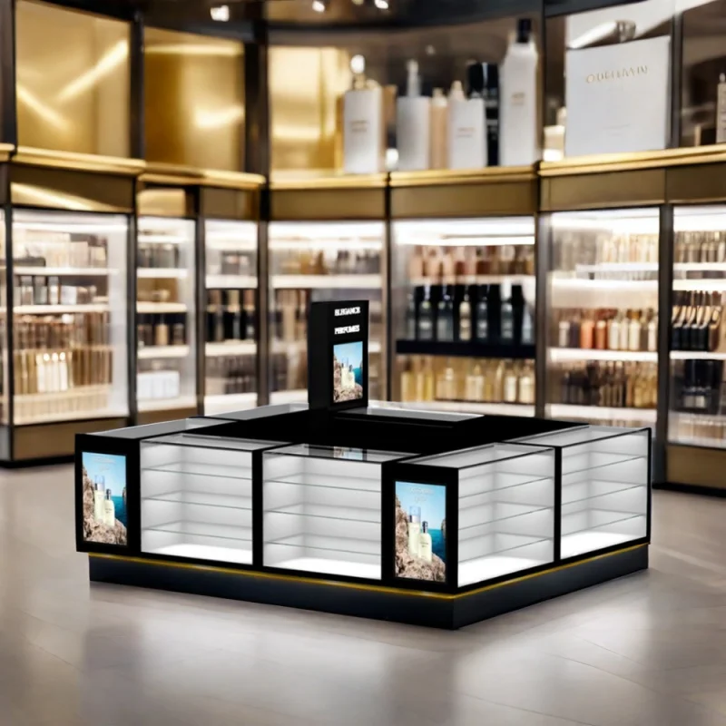 Aangepaste, Luxe Parfum Winkel Display Glazen Teller Winkelcentrum Parfum Kiosk Ontwerp Parfum Showcase Display