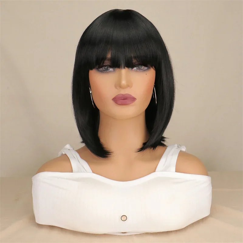 

WHIMSICAL W Short Bob Wigs With Bangs Straight Black Synthetic Bob Wigs For Women Cosplay Party Natural Hair for Party Daily