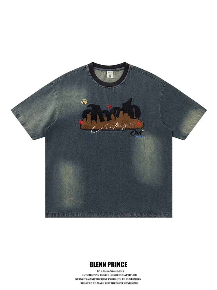 

Футболка GPstudio American Retro с вышивкой и эффектом потертости, мужская, летняя, оверсайз, из смесового хлопка и полиэстера, для пар