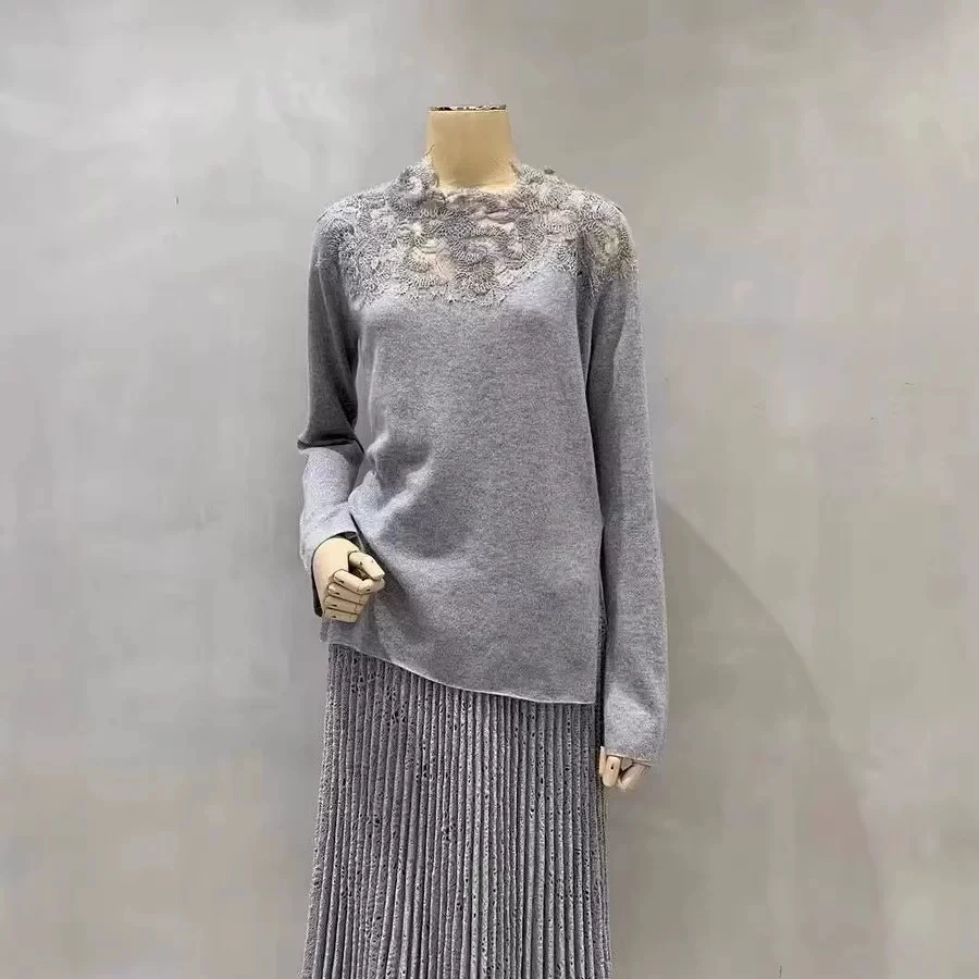 Luxury Pink Gray White Black 100% Cashmere Sweater For Women Embroidery Lace Hollow Out Long Sleeve Loose Elegant Knit Pullover