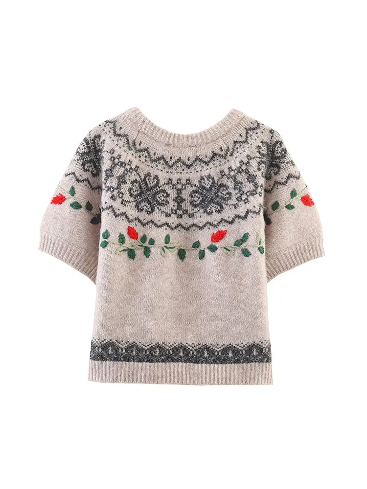 NLZGMSJ suéter de mujer 2025 Otoño Invierno moda cuello redondo manga corta Jacquard suéter de mujer Jersey elegante Top de calle de altura