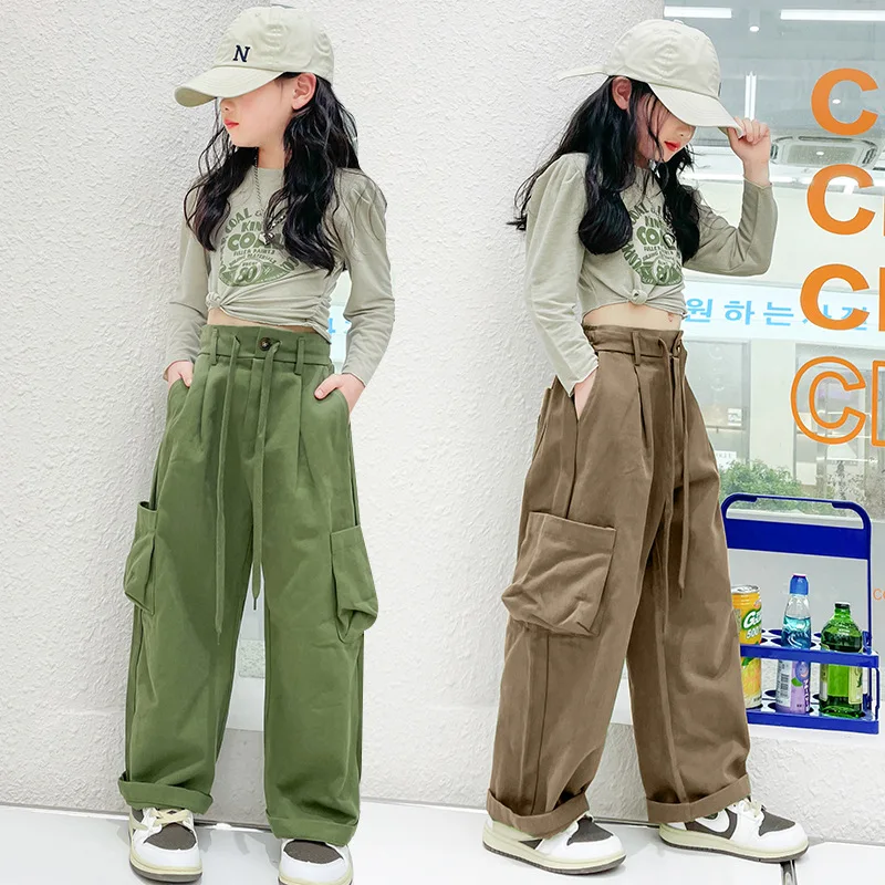 

Girls Cool Cargo Pants 2024 Spring Autumn Children Cotton High Waist Straight Big-Pocket Sport Sweatpants 5-14Years Kids Trouser