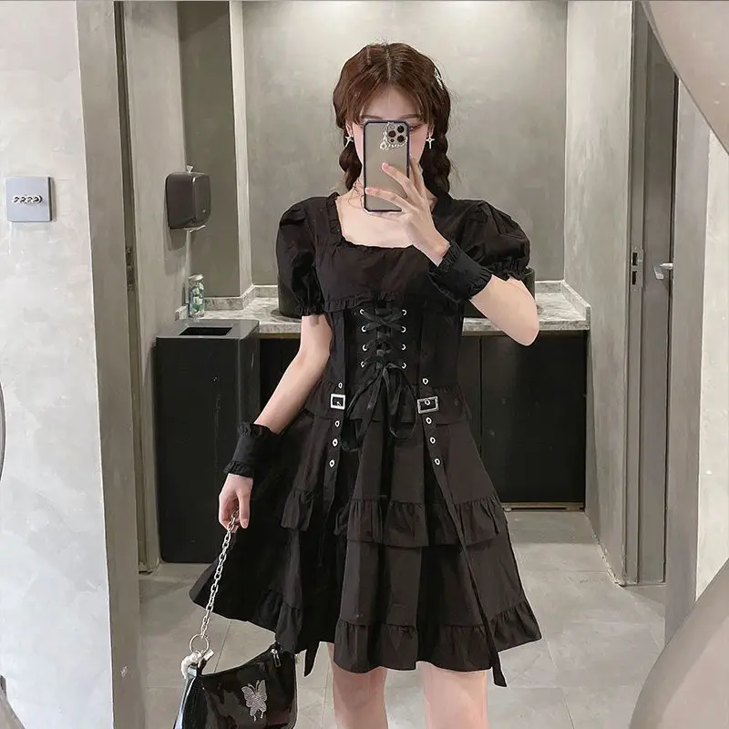 

Lolita Style Square Collar Age Reduction Bandage Slim Young Style Sweet Lolita Summer New Female Clothing Solid Color Dresses