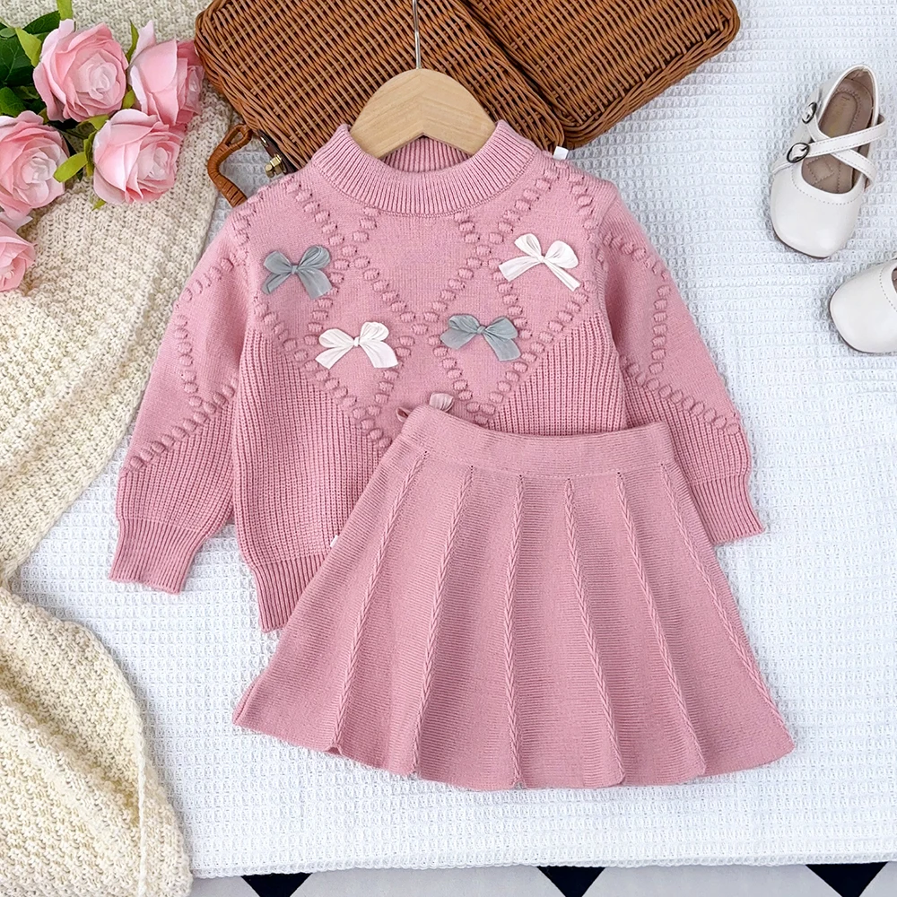 Bear Leader Winter Cute Bow Tie Sets Round Neck Long Sleeved Sweater+A-line Skirt Korean Version College Style Girls Clothes