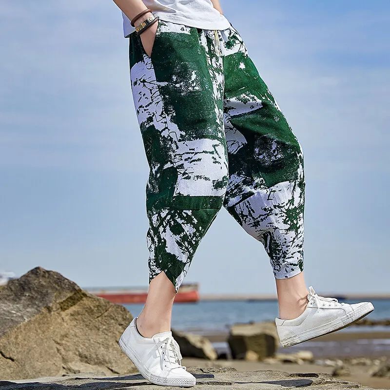 Moda 2025, pantalones hasta la pantorrilla de pierna recta para hombre de verano, pantalones cortos informales sueltos y transpirables, ropa deportiva de calle juvenil, pantalones Harun