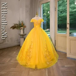 Summer New Yellow Quinceanera Dresses Luxury Lace Ball Gown Classic Boho Party Dress Sweet Flower Vestidos For Girls