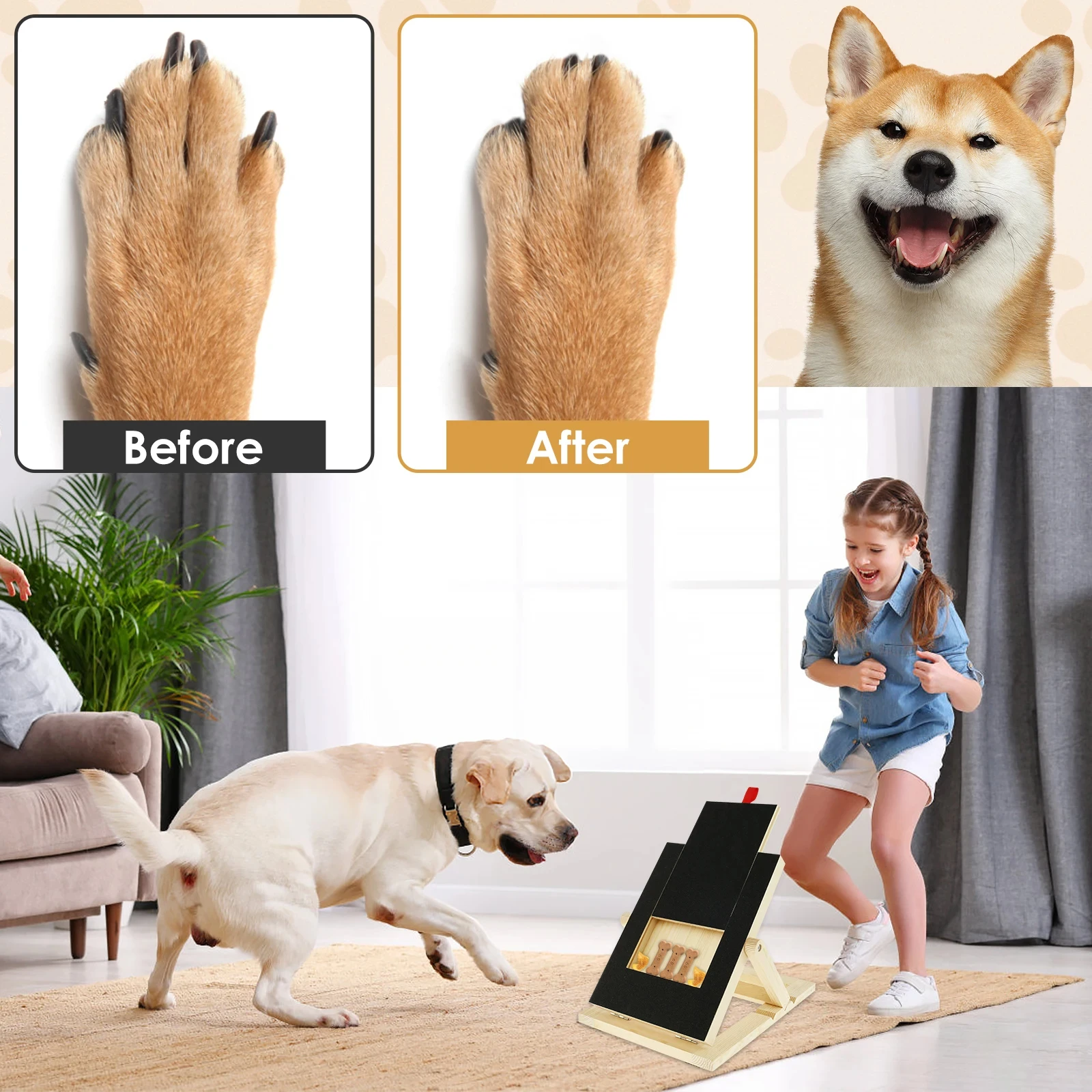 Dog Nail Scratch Board Height Adjustable with Built-in Treat Box Wooden Puppy Nail Grinding Pad Treat Drawer Board Foldable