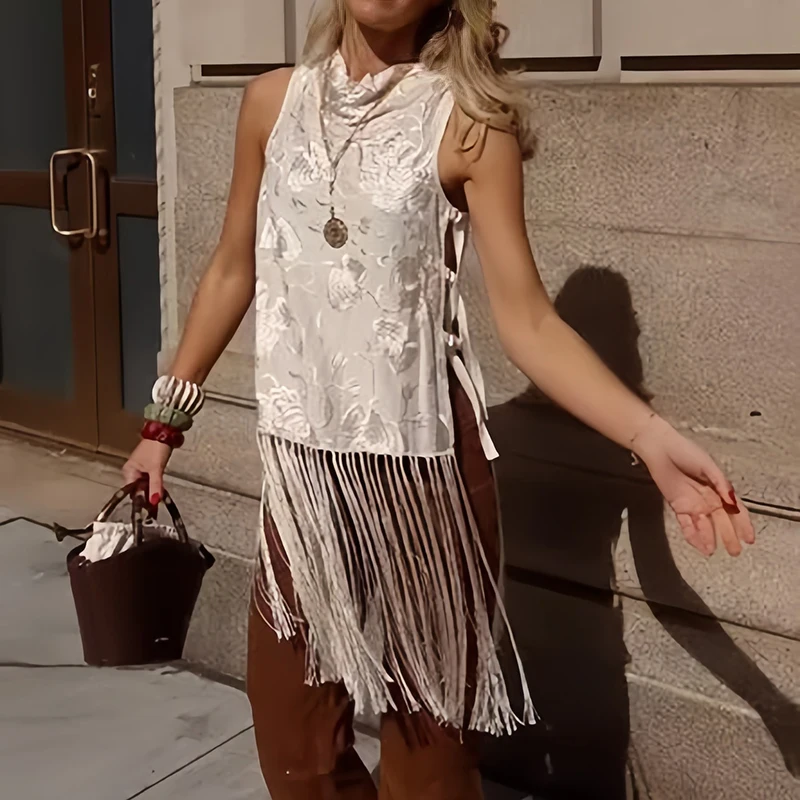 Casual Simple Print Side Hollow Out Camisole Fashion Tassel Hem Embroidery Women Vest Summer O-neck Sleeveless Slim Commute Tops