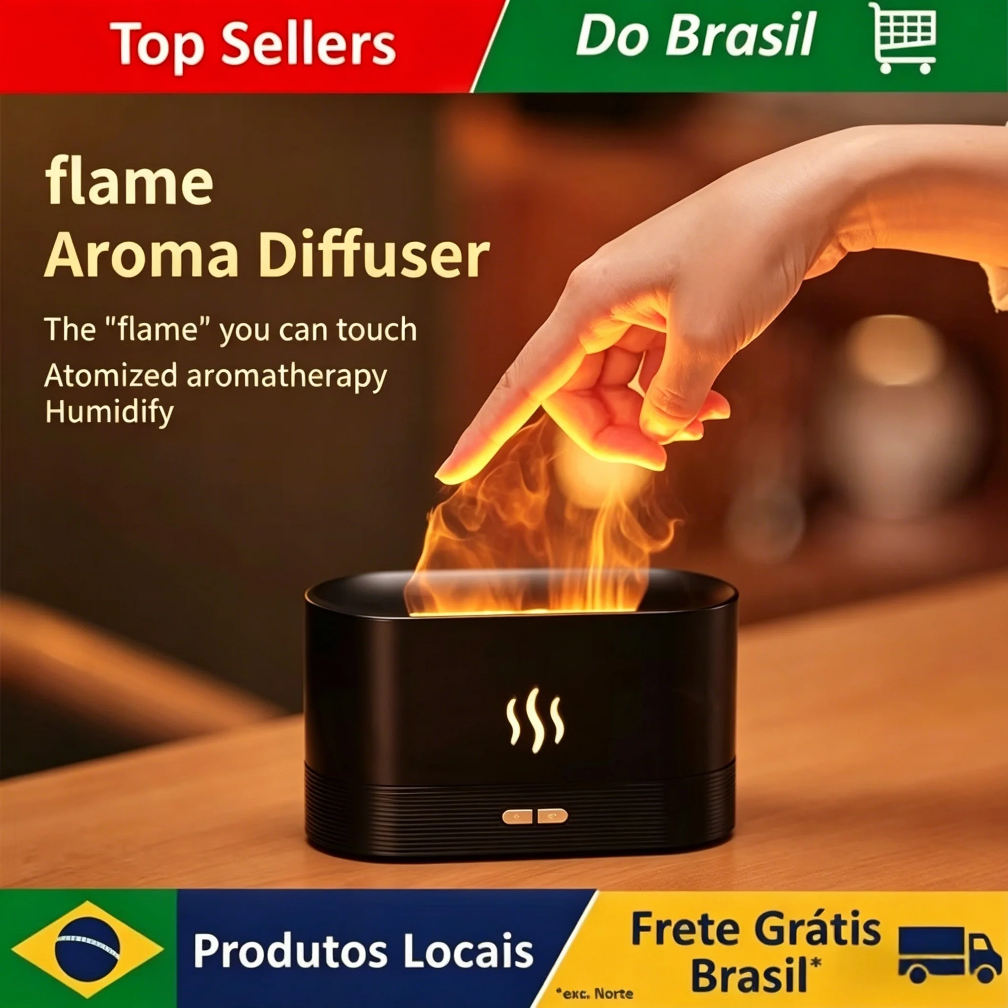 Difusor de Aroma USB para Mesa com Efeito de Chama, Umidificador com 7 Cores de Luz Simulada, Purificador de Ar para Quarto/Conjunto de Óleos Essenciais