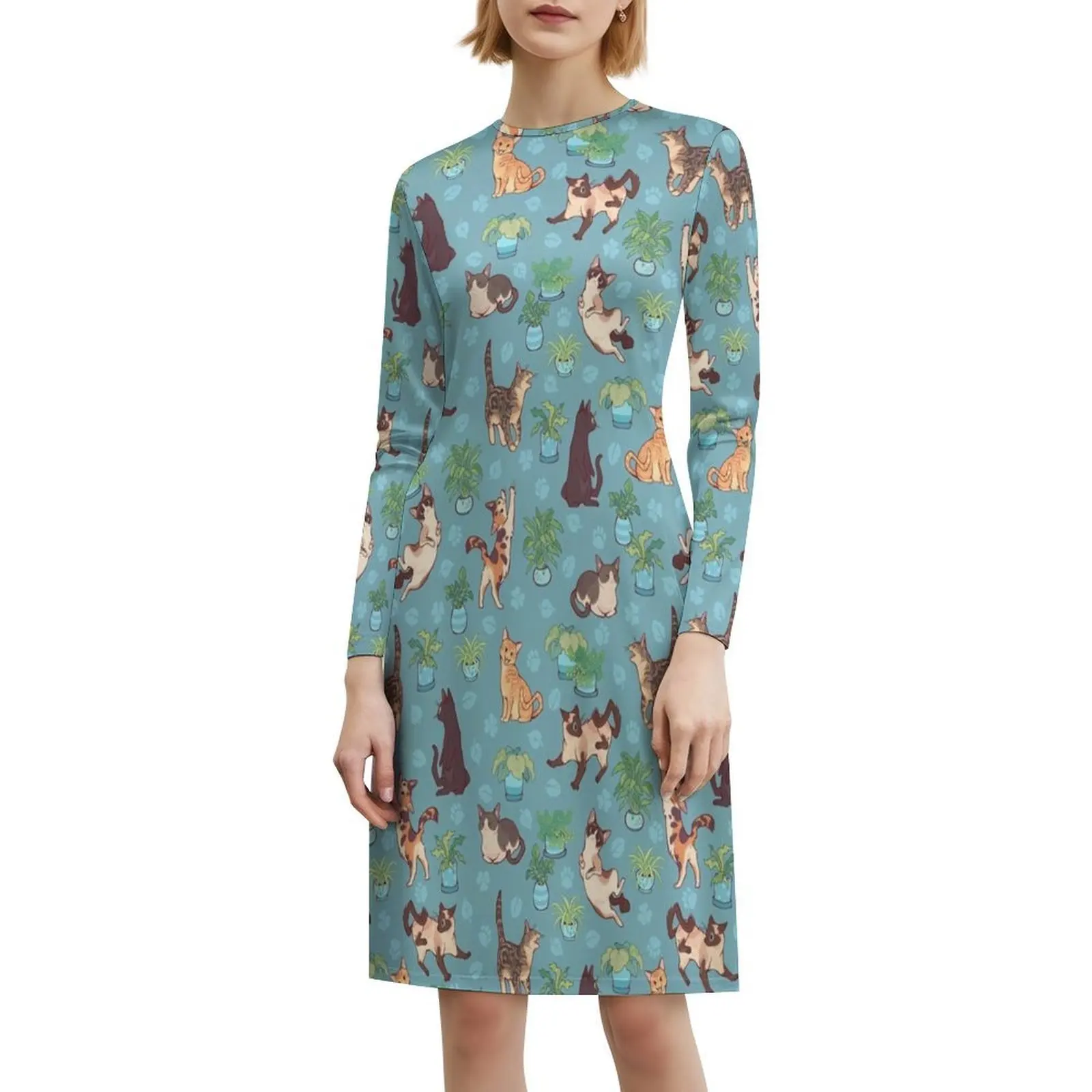 فستان ميتشيس المريح باللون الأزرق للنساء الهيب هوب ملابس الشارع الشهير جرافيك طباعة ملابس الحفلات القطط العانس القط سيامي القط فستان أسود #6