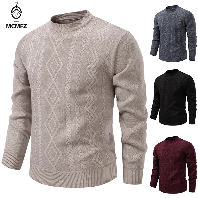 Stretch Crew Neck Knitted Pullover Men Embossed Vertical Rhombus Pattern Fleece Lined Cold Resistant Casual Long Sleeve Top