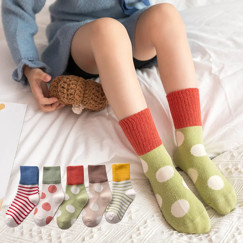 1-12 Year 5 pairs pack Children\'s socks Winter new horizontal stripes dot striped socks princess socks