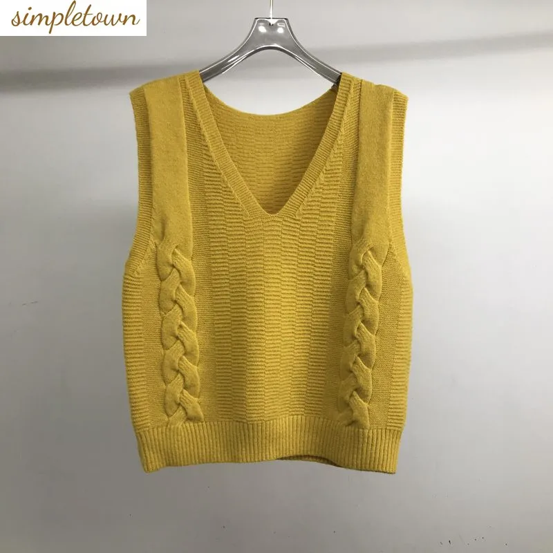 

Spring and Autumn Knitted Vest Women's Loose V-Neck Solid Short Sleeveless Kam Shoulder Versatile Sweater Tank Top