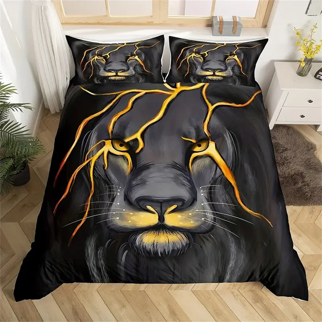 

Gold Cool Luxury Lion Wild Animal Tiger Full King Size 3Pcs Quilt Duvet Cover Bedding Linen Set Bedspread Bed 200x200 240x220