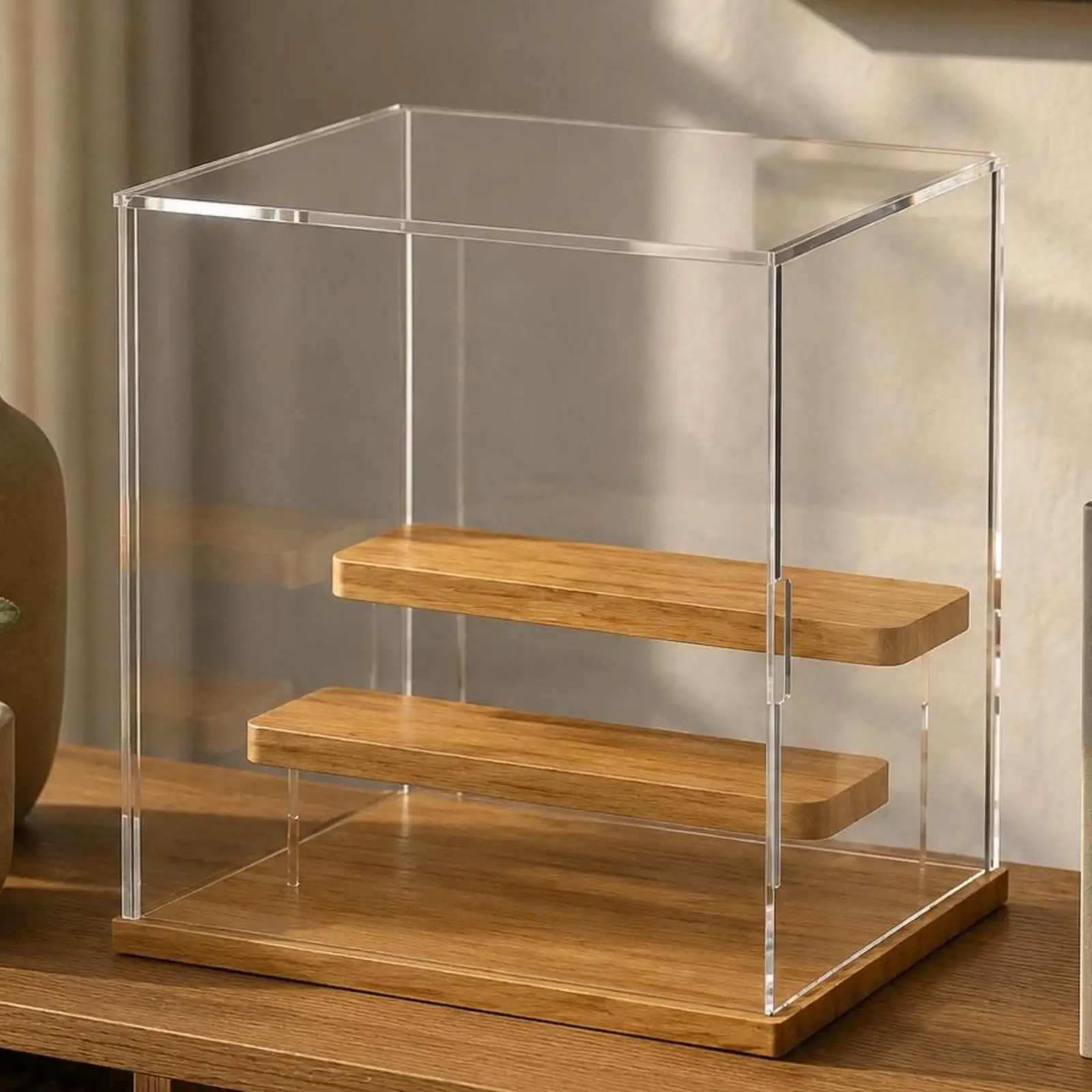 Acrylic Display Case Wooden Shelves Stepped Shelf Display Case Dust Protection Collectible Showcase