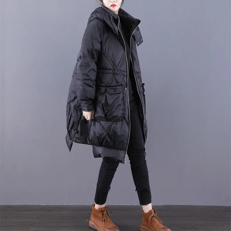 Winter 2023 New Down Jacket Mid-length Women\'s 90 White Duck Down Loose Korean Edition Thickened Waist Slimming Hooded Jacket