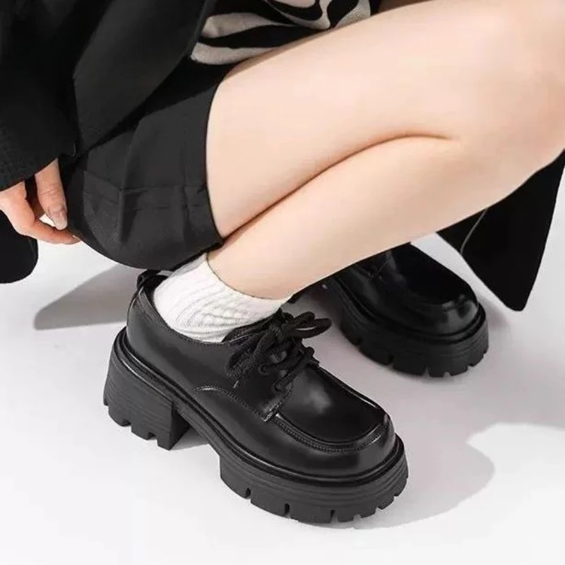 

2025 Spring New Women Loafers British Style Thick Platform Slip On Shoes Heightened Fashion Versatile Leather Casual Shoes