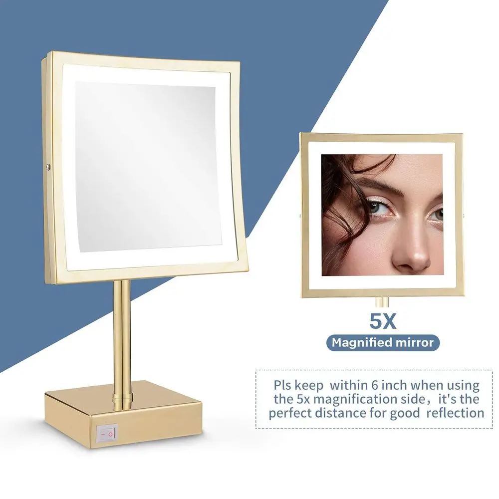 Miroir de maquillage grossissant 5X éclairé par LED carré avec prise, or poli, 8