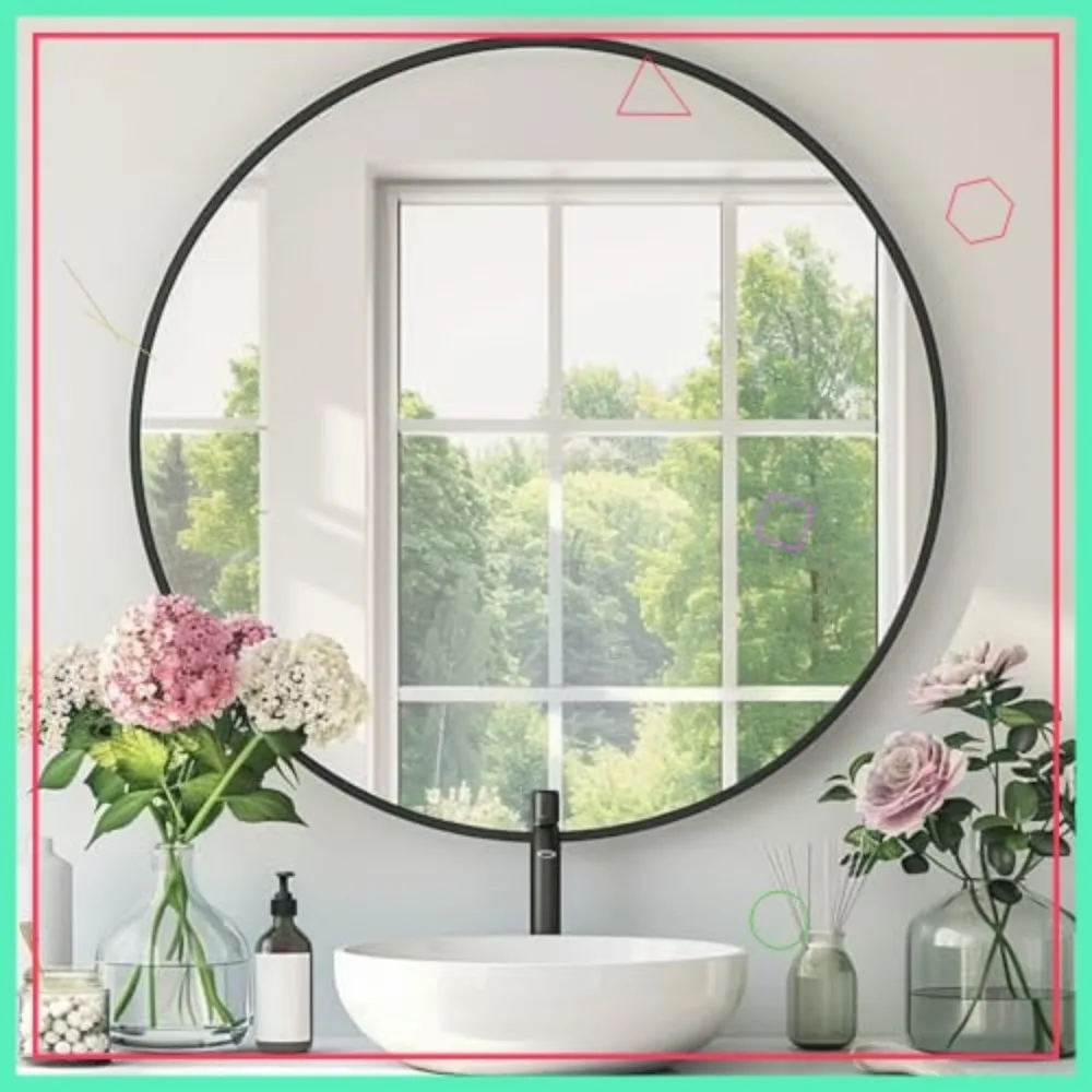 

30 Inch Black Round Mirror with Metal Frame, Shatterproof Wall Mounted for Bathroom Living Room Bedroom Entryway