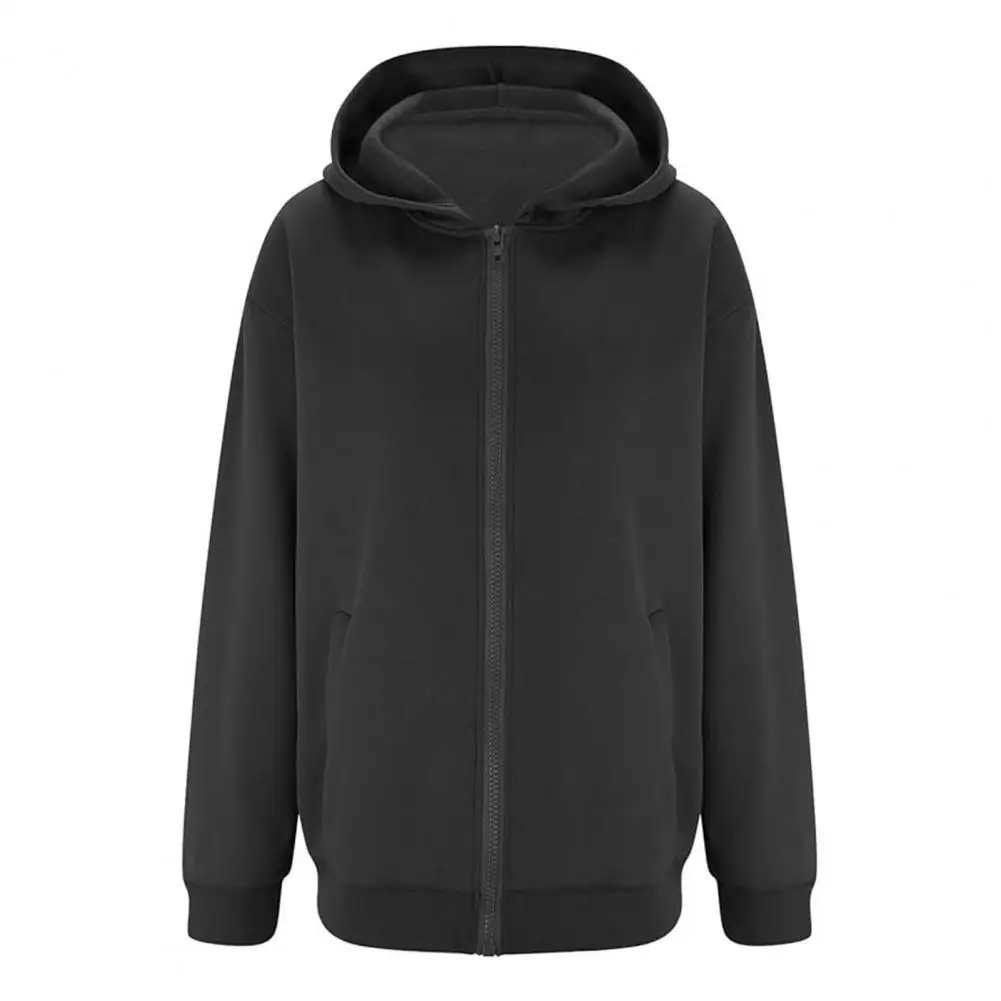 Fall Hooded Coat Stylish Hooded Mid-length Women's Coat with Zipper Closure Solid Color Design Spacious Pockets for Outdoor