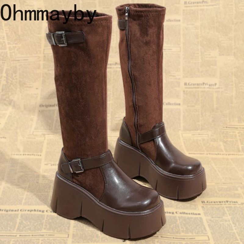 

Punk Style Platform Thick Heel Women High Boots Fashion Belt Buckle Height Increase Shoes Winter Women's Knight Long Botas Altas