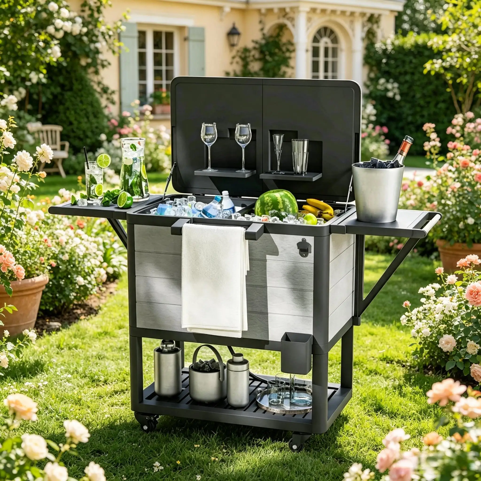 104Qt Electric Cooler Cart 37x22x34in PP Shell EPS Foam Insulation Holds 120 Cans Swivel Casters Lockable Wheels Poolside Patio