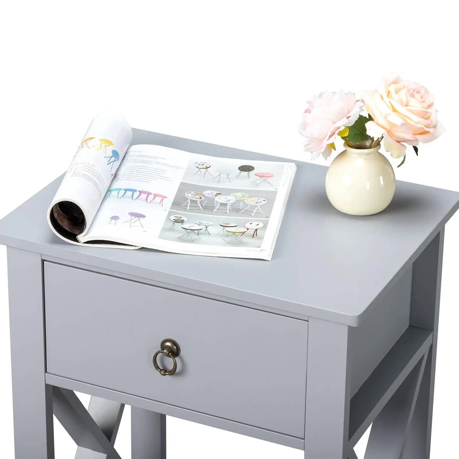 Gray Two-Layer Drawer Bedside Table & Coffee Table with Side Intersection Design