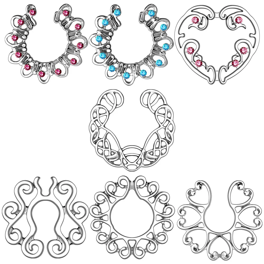 Sexy Fake Piercing Nipple Rings for Women 316L Stainless Steel Hollow Pattern Nipple Clamp Beach Party Chest Decor Body Jewelry