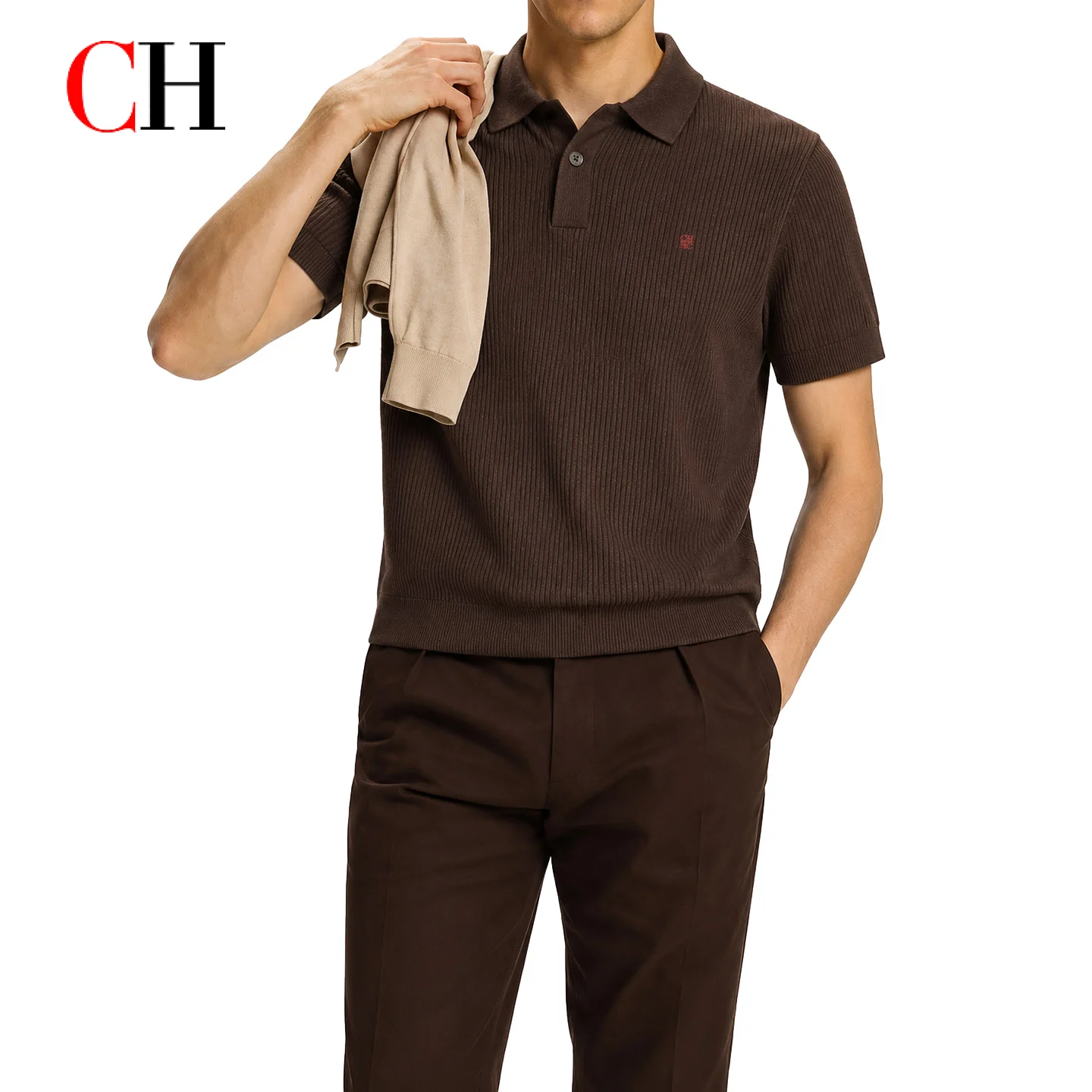 CH Men Luxury Vertical Ribbed Knit Polo Shirt Red Mini Embroidery Left Chest Regular Fit Vacation Office Smart Wear