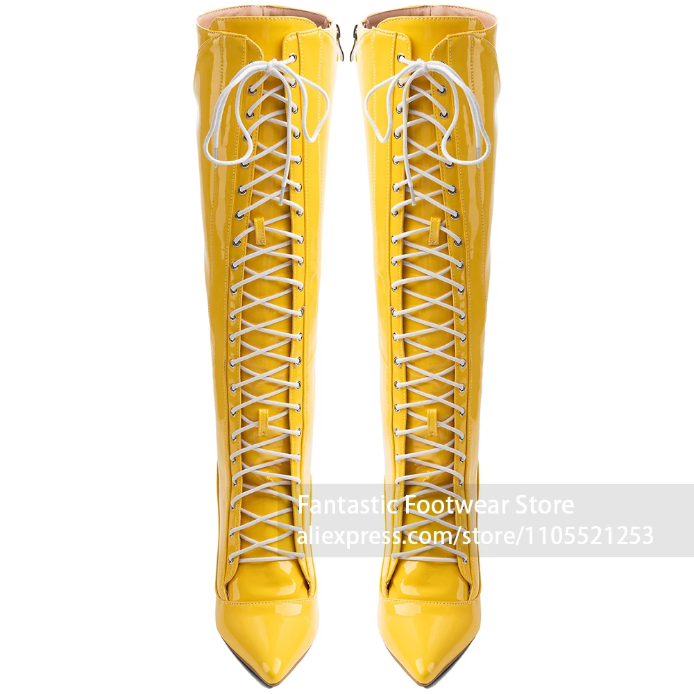 Women Fashion Photoshoot - Yellow Patent Leather Upper Boots Front